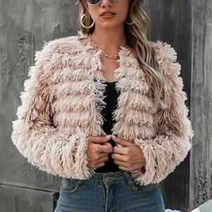 Women’s Open Front Faux Fur Cardigan Cozy Vintage Shaggy Beige Coat